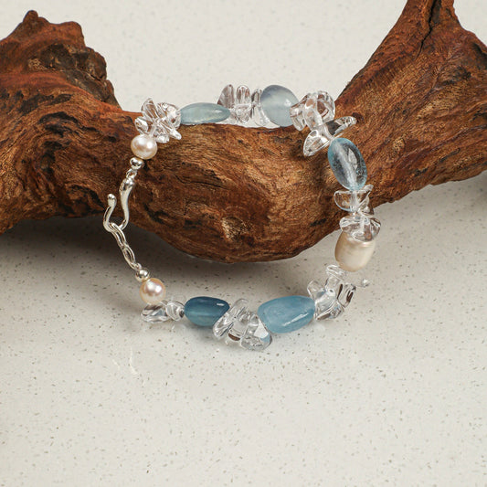 Freeform Aquamarine, Clear Quartz and Pearl Bracelet | Calm, Clarity and Grace