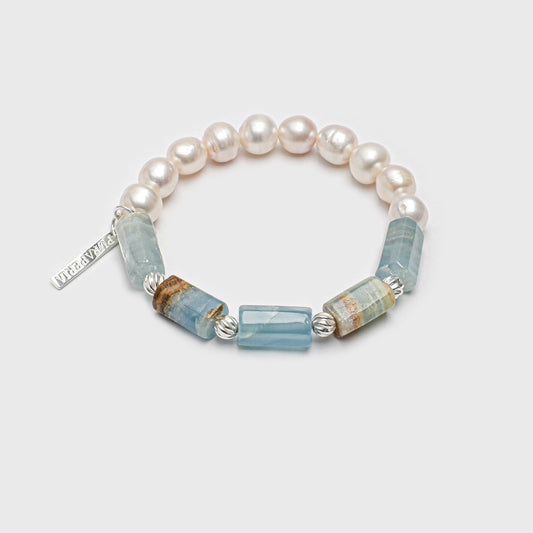 Minimalist Round Pearl & Blue Lace Agate Bracelet