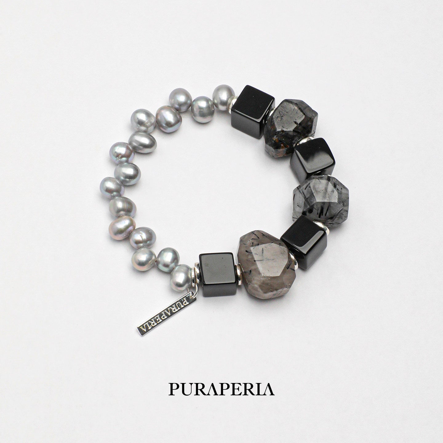 Black Rutilated Quartz & Grey Pearl Bracelet