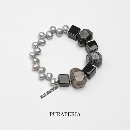Black Rutilated Quartz & Grey Pearl Bracelet