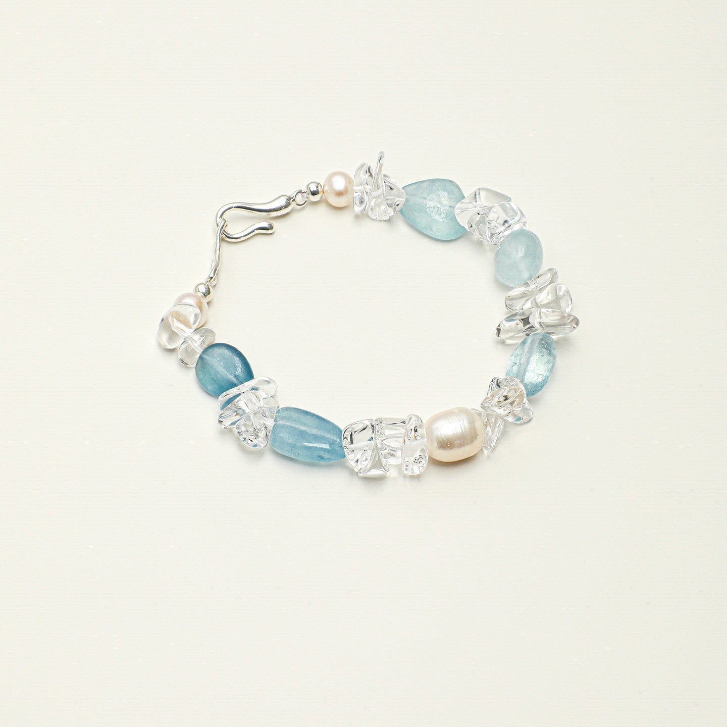 Freeform Aquamarine, Clear Quartz and Pearl Bracelet | Calm, Clarity and Grace