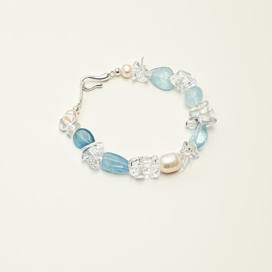 Freeform Aquamarine, Clear Quartz and Pearl Bracelet | Calm, Clarity and Grace