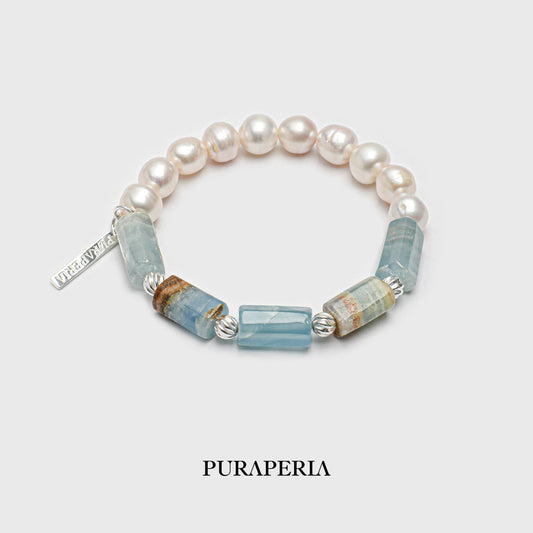 Minimalist Round Pearl & Blue Lace Agate Bracelet