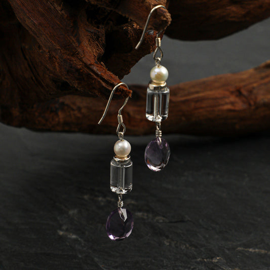 Natural Clear Quartz & Amethyst Drop Earrings | Clarity • Calm • Balance
