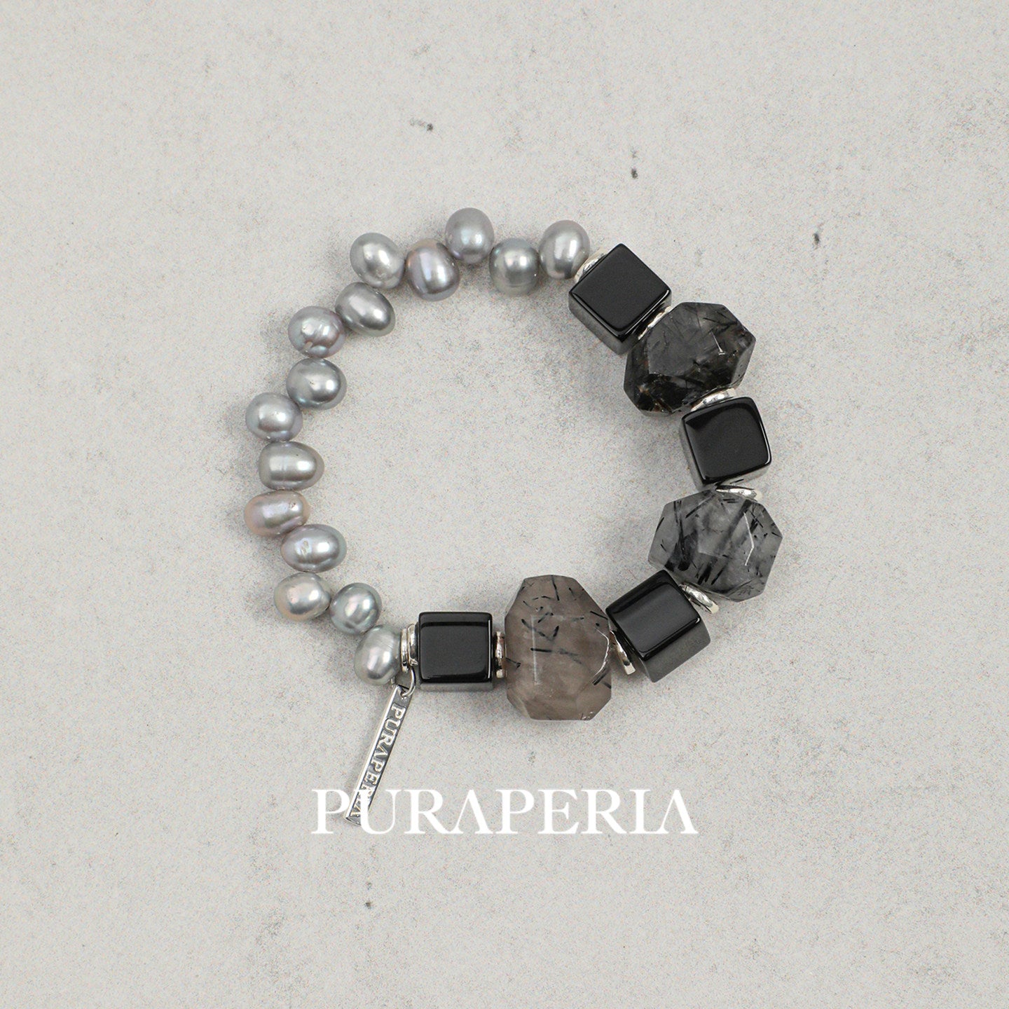 Black Rutilated Quartz & Grey Pearl Bracelet