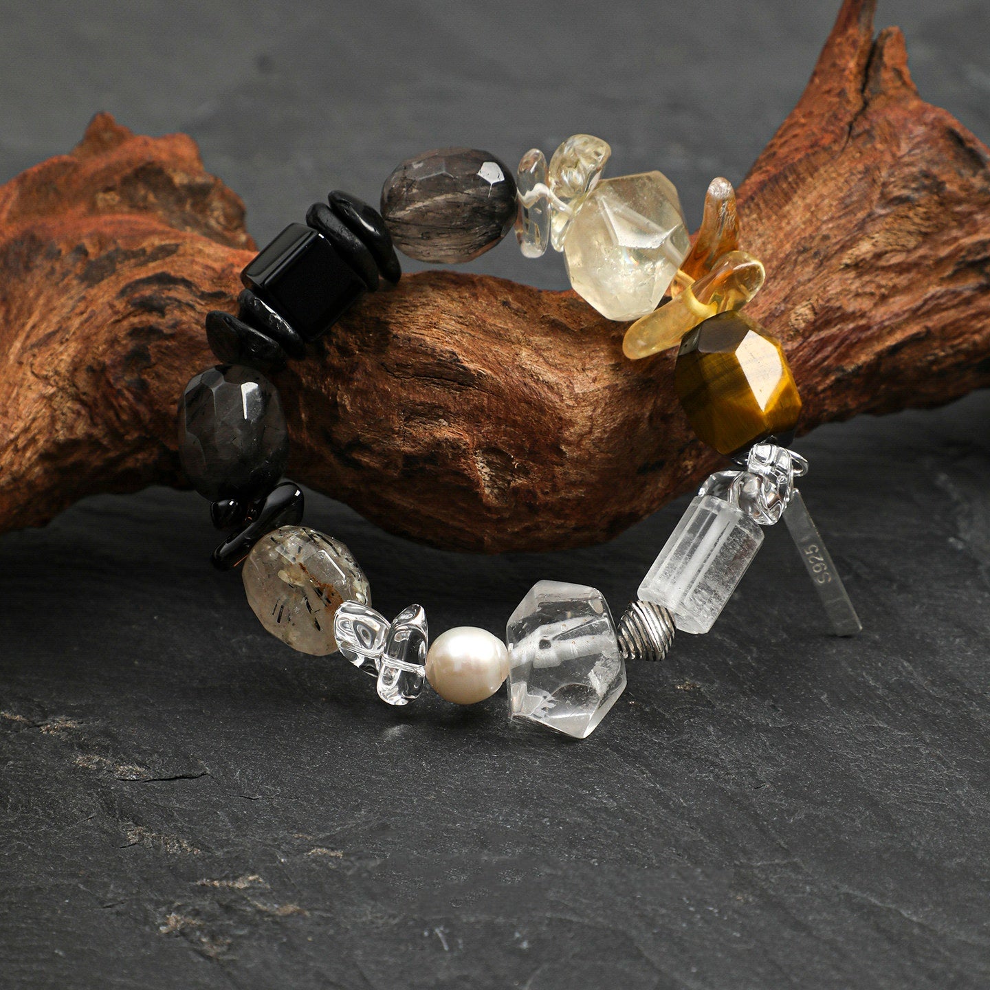 Freeform Tiger's Eye, Clear Quartz and Black Rutilated Quartz Bracelet | Courage, Clarity and Protection