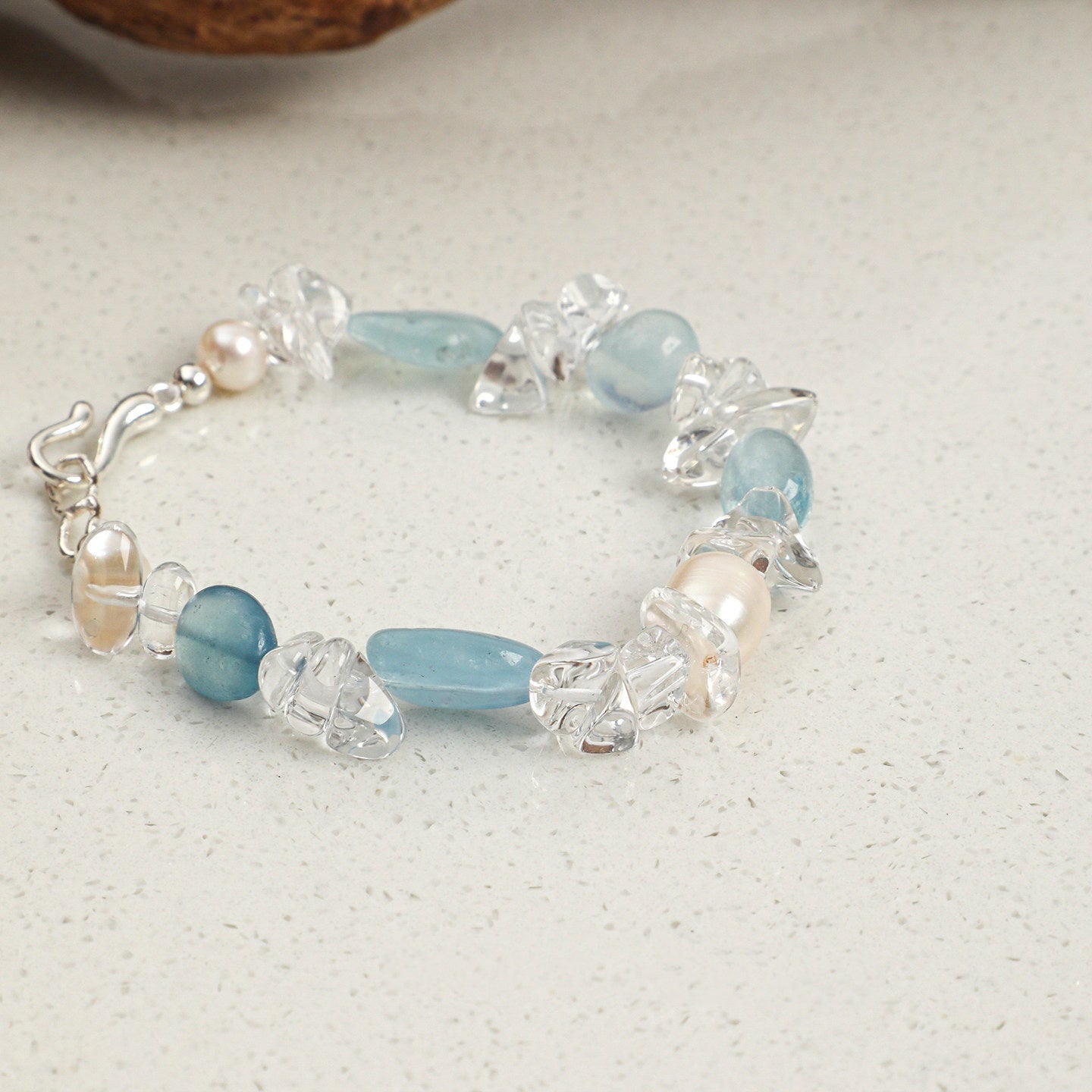 Freeform Aquamarine, Clear Quartz and Pearl Bracelet | Calm, Clarity and Grace