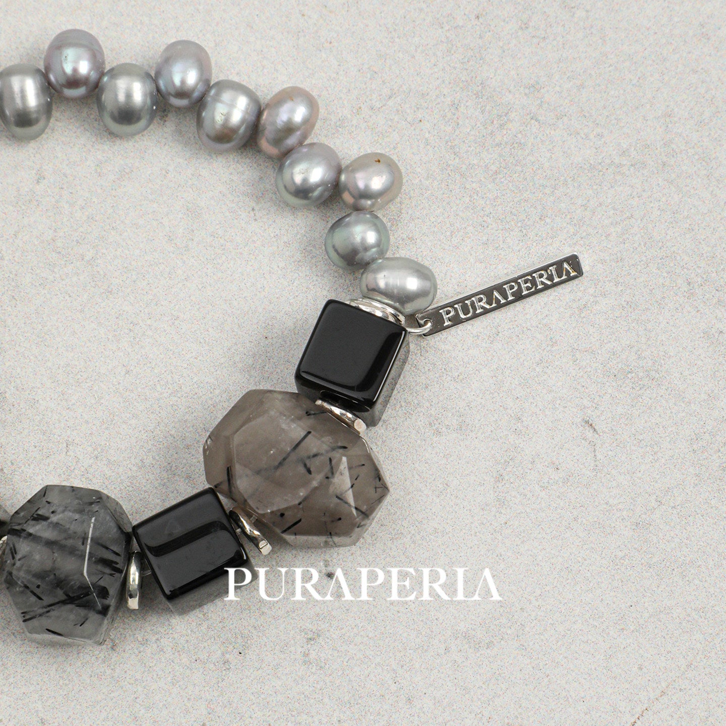 Black Rutilated Quartz & Grey Pearl Bracelet