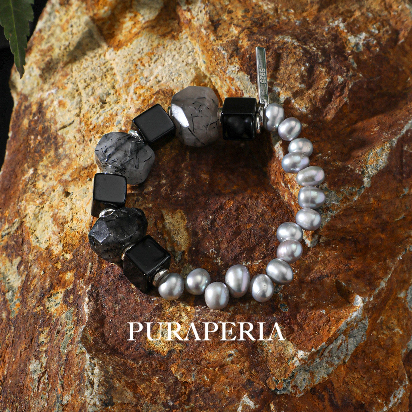 Black Rutilated Quartz & Grey Pearl Bracelet