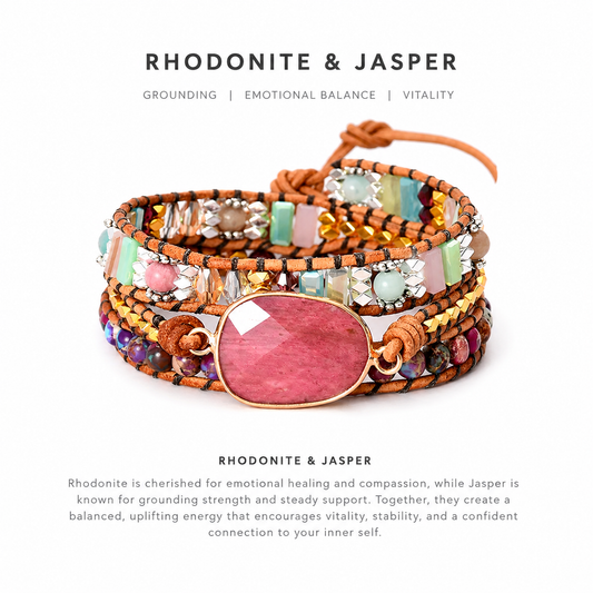 Natural Rhodonite & Jasper Wrap Bracelet | Love • Balance • Grounding