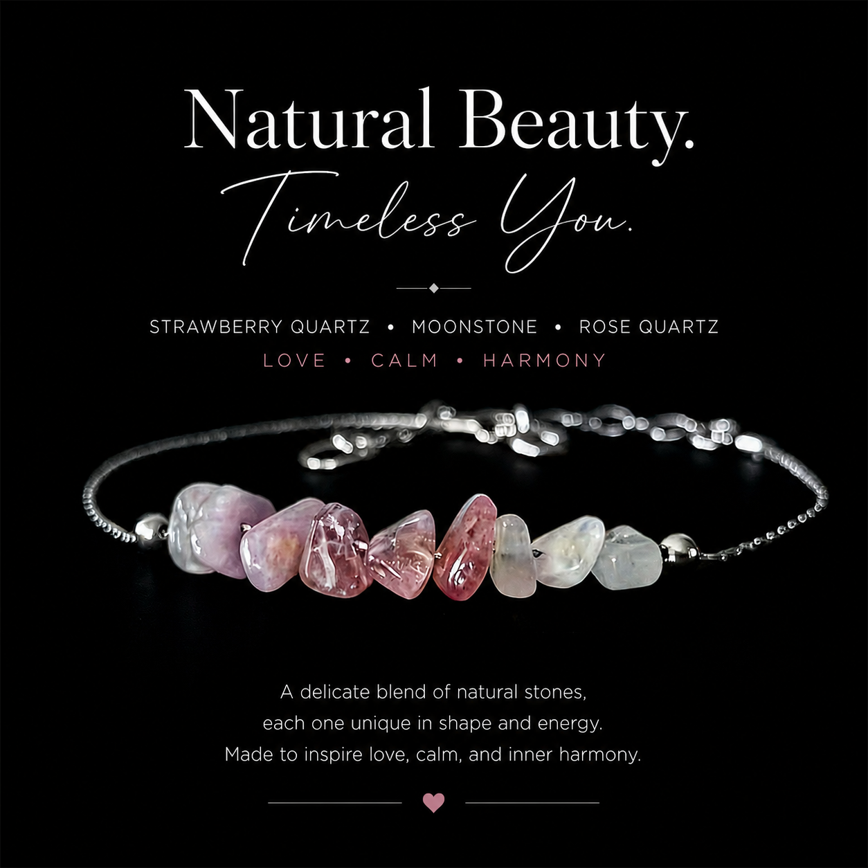 Natural Moonstone, Strawberry Quartz & Rose Quartz Bracelet | Love • Intuition • Harmony