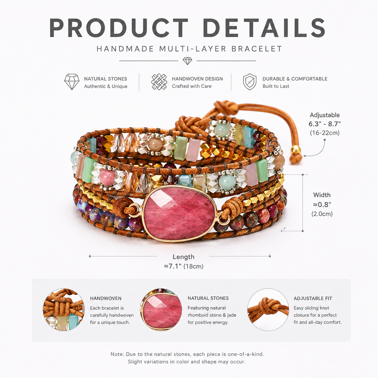 Natural Rhodonite & Jasper Wrap Bracelet | Love • Balance • Grounding