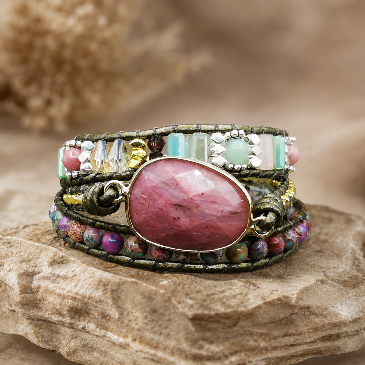 Natural Rhodonite & Jasper Wrap Bracelet | Love • Balance • Grounding