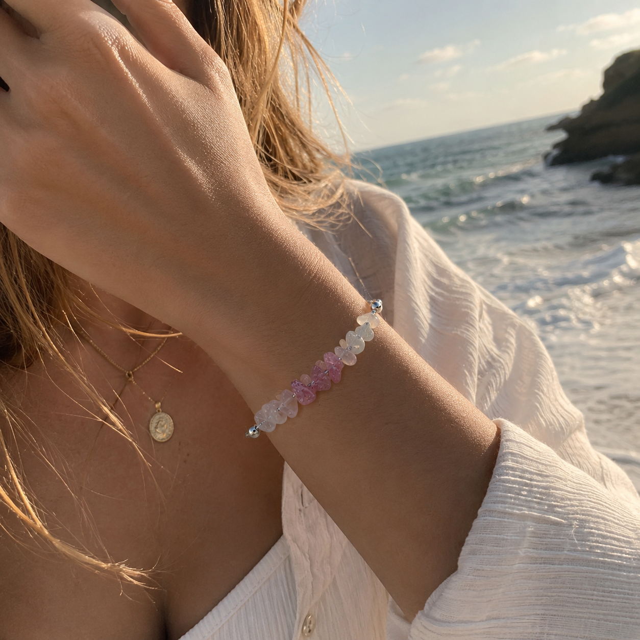 Natural Moonstone, Strawberry Quartz & Rose Quartz Bracelet | Love • Intuition • Harmony