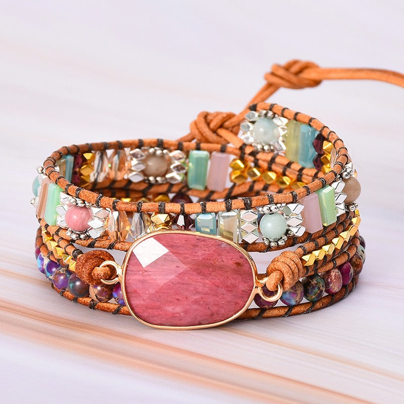 Natural Rhodonite & Jasper Wrap Bracelet | Love • Balance • Grounding