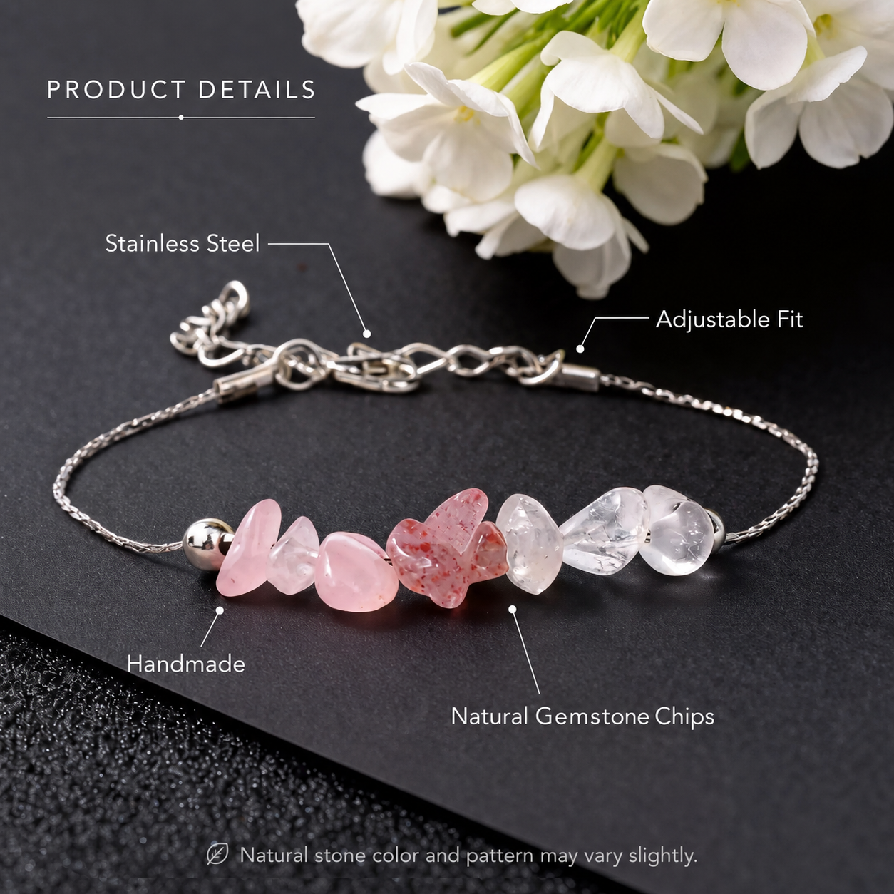 Natural Moonstone, Strawberry Quartz & Rose Quartz Bracelet | Love • Intuition • Harmony