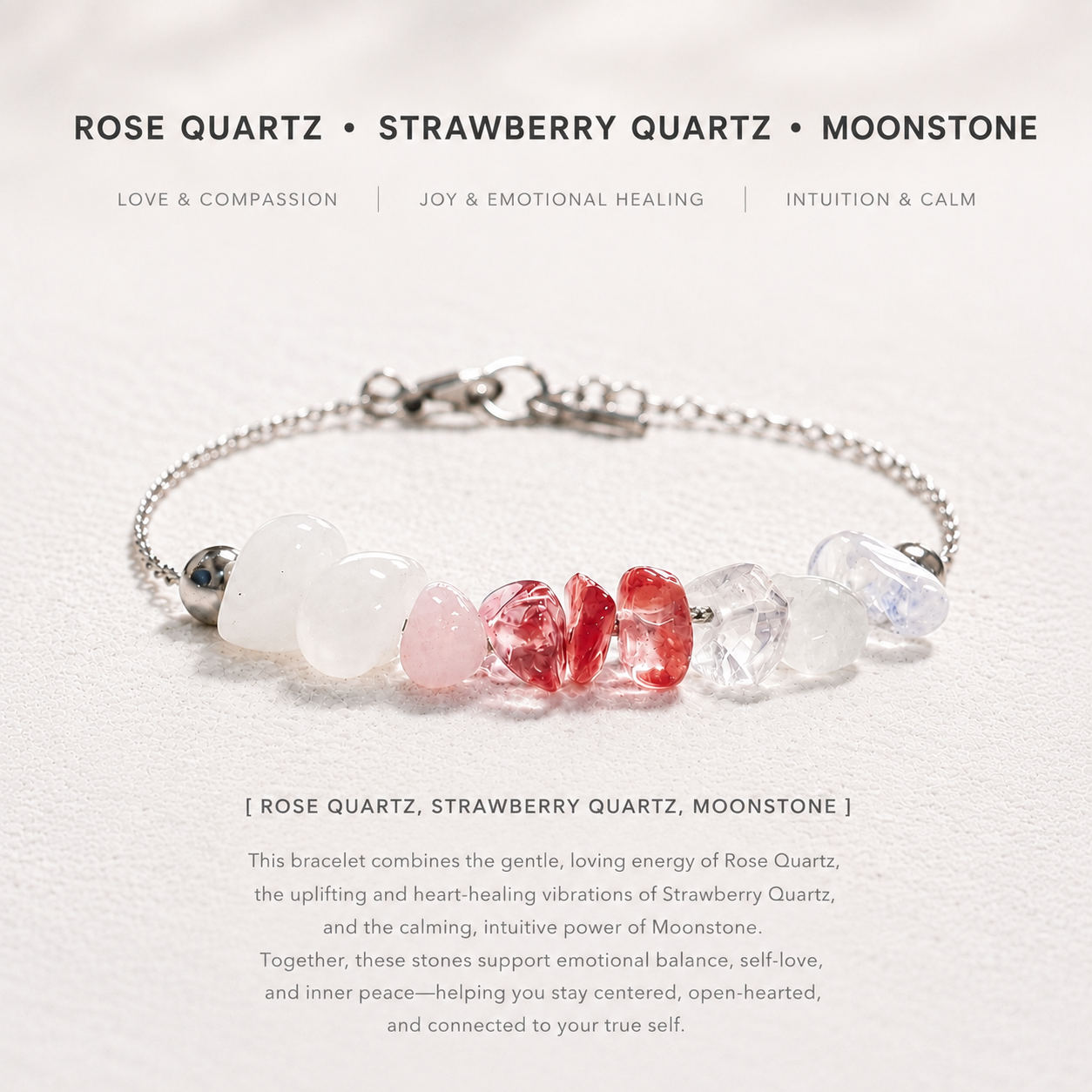 Natural Moonstone, Strawberry Quartz & Rose Quartz Bracelet | Love • Intuition • Harmony